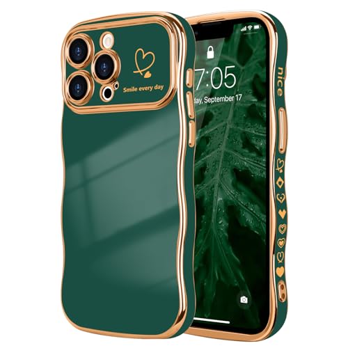 LCHULLE for iPhone 13 Pro Case for Women Girls,Cute Curly Wave Frame Shape Love Heart Pattern Phone Case,Raised Camera Protection Luxury Plating Shockproof Cover for iPhone 13 Pro 6.1,Dark Green