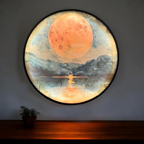 Image of PAINTINGMANTRA Full Moon Scenic View Night Wall Lamp Painting with Premium Aluminium Metal Frame, Nature Round Wall Painting with Warm White Night Lamp for Home & Office Wall Decor (18x18 Inches)