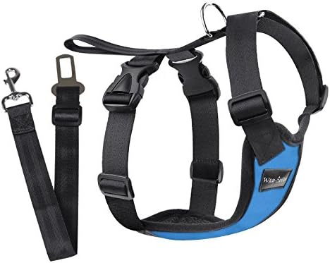 Way-Seven Dog Safety Vest Mesh Harness with Car Seat Belt Lead Clip, Free Size (M, BLUE)