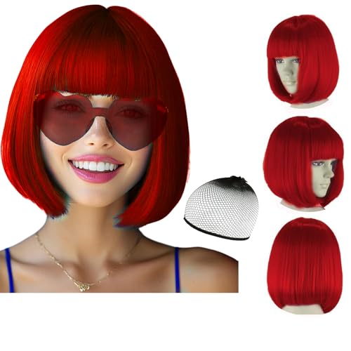 Party Wigs Wig Cap and Sunglass Set Short Bob Hair Wigs Straight with Flat Bangs Synthetic Colorful Cosplay Daily Party Neon Wig for Women (Red)