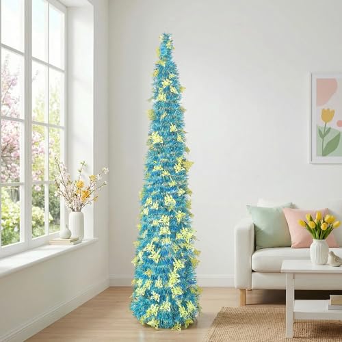 5FT Pop Up Tree with 50 LED Lights Butterfly Foldable Collapsible Tinsel Spring Decorations for Home Sturdy Metal Stand Easy Assembly Artificial Tree for 250th Apartment Living Room Porch Decor