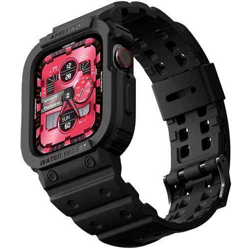 amBand Compatible with Apple Watch Series 9/8/7/SE (3/2/1)/6/5/4/3 Band for Men 45mm 44mm 42mm Case, Rugged Sport Strap for iWatch 45/44 mm Military Protective Cover Bumper Drop-Proof, Matte Black