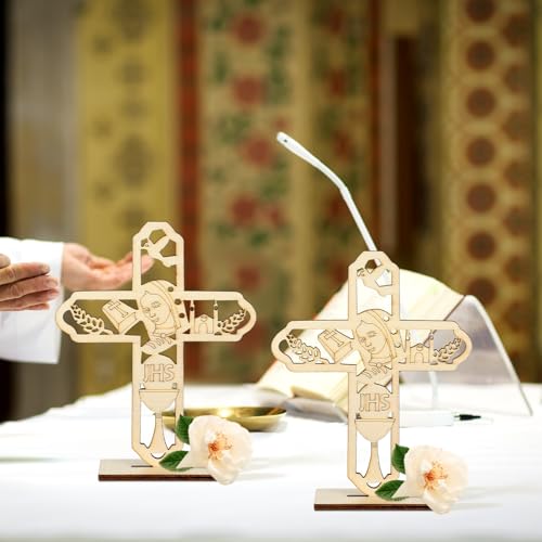 Image of Marsui 16 Pcs Wooden Baptism Centerpieces for Table, Recuerdos De Bautizo para Religious Catholic Table Decor for Lent Easter Christening Communion Baby Shower Wedding School Church(Jhs)