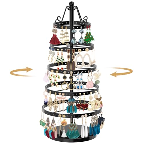 Image of MODOWEY 5 Tiers Metal Rotating Earring Holder Organizer Tree Spinning Display Stand Rack for Women, 220 Holes Adjustable Large Storage for Stud Dangle Hoop, Find Your Earrings at a Glance, Black