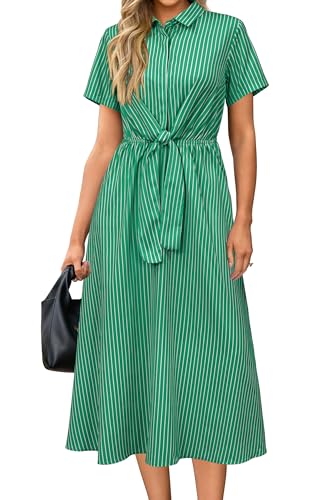 Image of Newshows Women's Work Business Casual Outfits Tie Waist Midi Shirt Dress | Lightweight & Breathable Easy-care Fabric, Side Pockets, Decent Professional Attire, Church Office Funeral Outfits