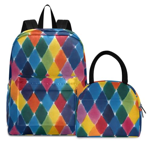 Watercolor Plaid Print Backpack Set with Lunch Bag, Large Capacity Travel Backpacks and Lunch Box Insulated for Commute Hiking Picnic