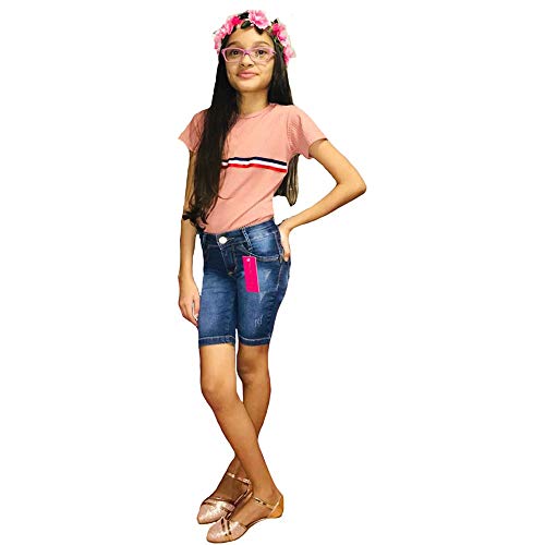 Bermuda Jeans Com Licra Infanto Juvenil Feminina  (Azul Estourado, 12 Anos)