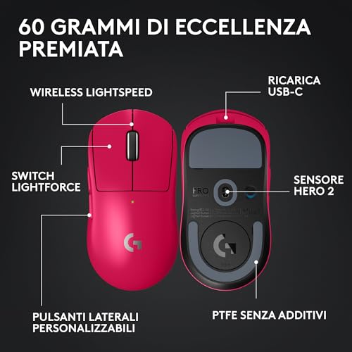 PRO X SUPERLIGHT 2 - mouse gaming wireless, mouse Pro-Grade da 60 g con 5 pulsanti programmabili, sensore a 44.000 DPI, velocità di aggiornamento di 8 kHz, ricarica USB-C per PC/Mac - Rosa - Mouse gaming - Immagine 5