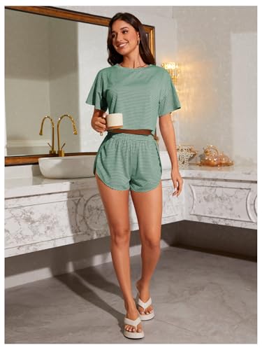 Image of OYOANGLE 2 Pack Pajama for Woman Set Summer Cute PJ Sets Striped Short Sleeve Tshirt and Split Shorts Lounge Set