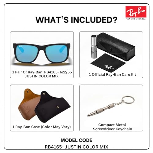 Image of Ray-Ban RB4165 JUSTIN COLOR MIX Square Shaped Sunglasses for Men with Official RAYBAN Eyewear Kit