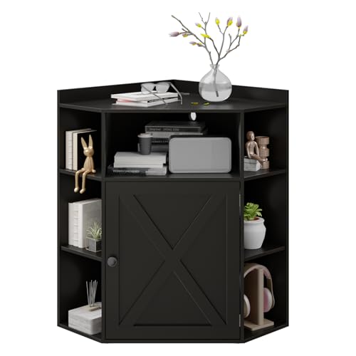 Image of Halitaa Corner Storage Cabinet, Farmhouse Corner Bookshelf with Storage 6-Cubby Wooden Cabinet with USB Ports and Outlets Industrial Organizer for Small Space, Study, Playroom, Living Room, Black