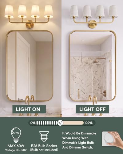 Image of 4-Light Brushed Gold Bathroom Vanity Light with Linen Fabric Shade | 28 Inch gold bathroom light fixture over mirror, UL listed, E26 bulbs, hardwired, upward only, VL837-BG-A-4