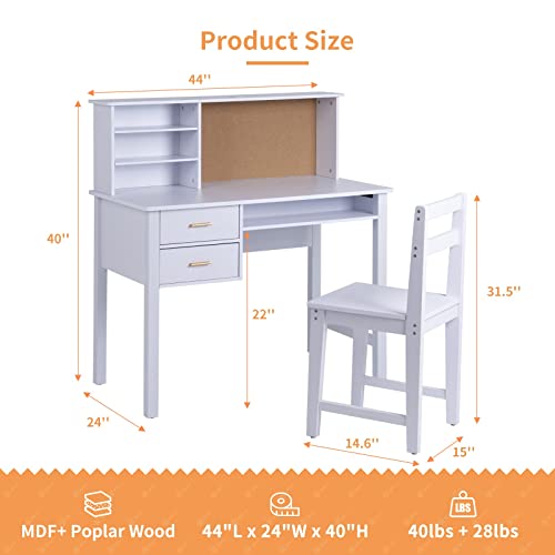 Linor Kids Desk And Chair Set, Wooden Children Study Table With Hutch/Drawer & Bulletin Board, Student Study Desks Computer Desk Art Desk For Bedroom Study Room (White) #TOP5