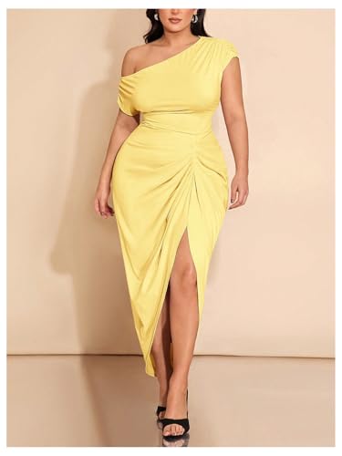 Image of Floerns Women's Plus Size Asymmetrical Neck Long Dress Ruched Slit Hem Cocktail Dress