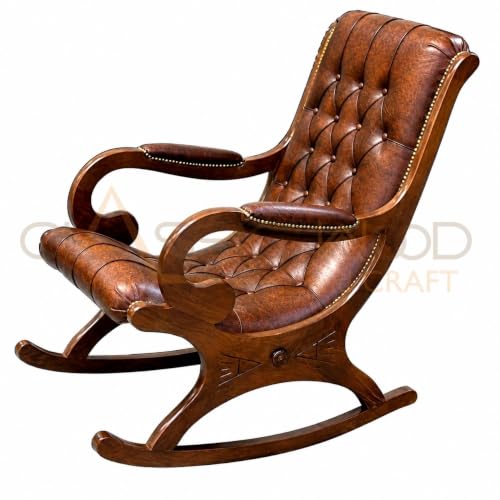 Image of CLASSIC WOOD & CRAFT Luxury Wooden Rocking Chair | Handcrafted Solid Teak Wood Rocker Brown Leather Upholstery | Comfortable Armrest Rocking Chair for Living Room Bedroom & Lounge Furniture