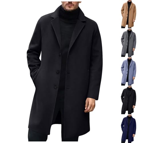 Trench Coat Men Lapel Wool Blend Coat Single Breasted Long Jacket Overcoat Business Casual Winter Jacket with Pockets