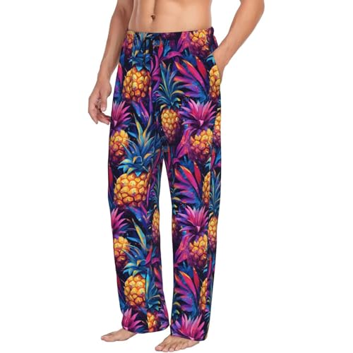 Mens Pajama Pants - Tropical White Pineapple Print Soft Sleep Lounge Pants For Men, Casual Pj Bottoms With Pockets - Main Image
