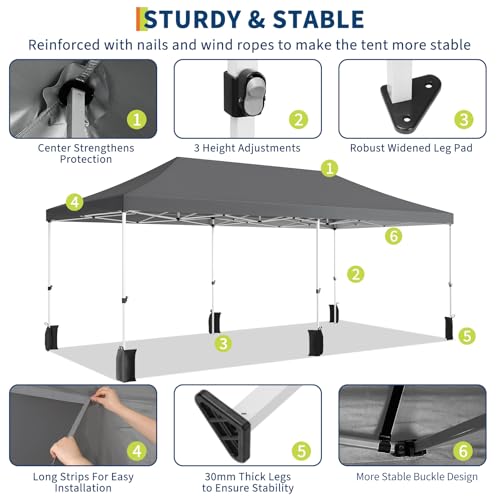 10x20 Pop Up Canopy Tent, Commercial Heavy Duty Canopy Tents for Parties with Roller Bag, 10x20 Tents with 6 Removable Sidewalls, Upgraded Thickened Legs, 6 Sand Bags,Grey