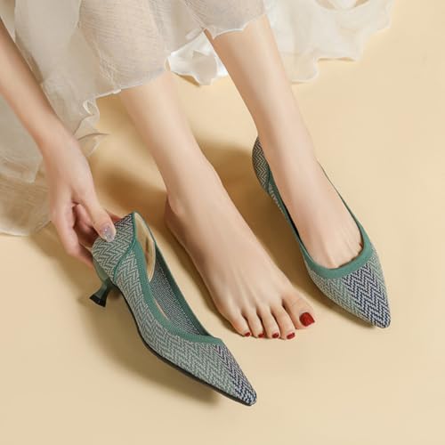 HROYL Women's Pumps Kitten Heels Pointed Toe Knit Slip On Comfortable Casual Formal Dress Shoes4