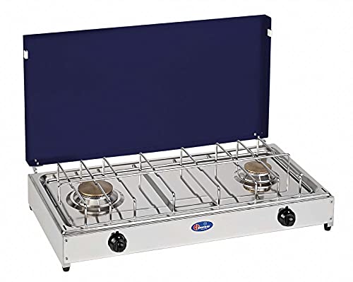 FORNELLO DA TAVOLO PARKER GAS GPL (BOMBOLE DI GAS) 2 FUOCHI CON PIANALE IN ACCIAIO INOX COPERCHIO BLU TELAIO GRIGIO 5522GB