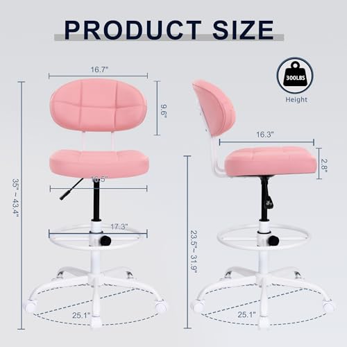 Image of Misolant Drafting Chair, Armless Tall Office Chair with Footrest Ring for Standing Desk, Small Faux Leather Executive Computer Chair with Adjustable Height for Bar Lab Counter Height Desk, Pink
