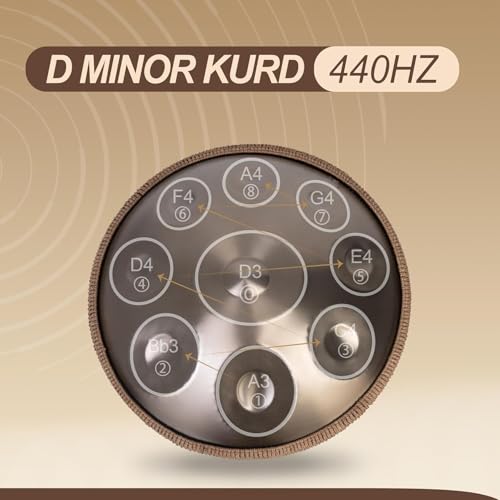 Image of PERLMAN Handpan Drum - 22-Inch 9-Note D Kurd 440Hz - Hand Tuning Handpan - Includes Soft Bag, Mallets, Stand, Note Stickers, Cleaning Cloth - Artist Performance Video