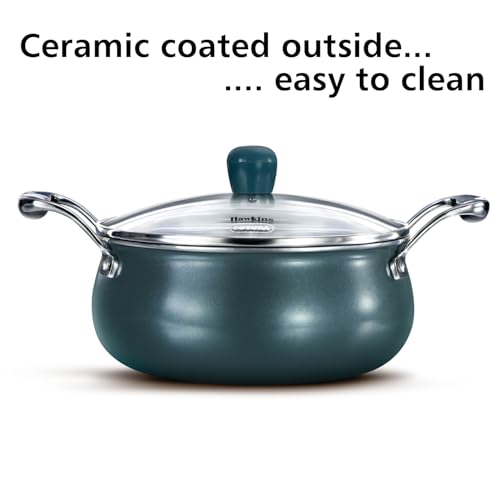 Image of Hawkins 3 Litre Triply Stainless Steel Olive Handi | Induction & Gas Compatible | Easy-Clean Ceramic Exterior | with Glass Lid | Green (POSH30G)