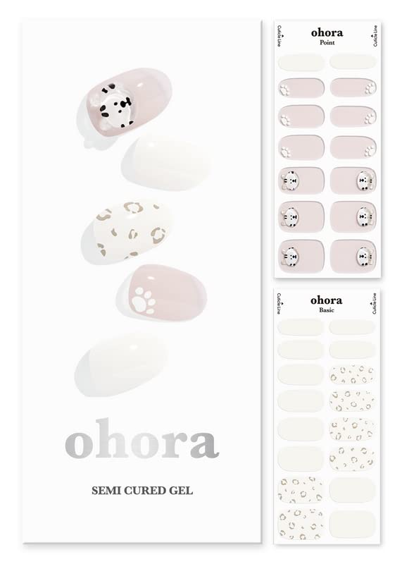 ohora Semi Cured Gel Nail Strips (N Cream Tiger) - Brown/White, Patterned, Works with UV/LED Lamps, Salon-Quality, Long Lasting, Easy to Apply & Remove - Includes 2 Prep Pads, Nail File & Wooden Stick
