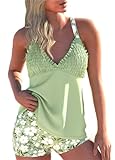 ROSEWE Womens Tankini Bathing Suits, Two-Piece Smocked Swim Dress, Print Swimsuits with Board Shorts Light Green