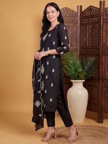 Image of INDO ERA Women's Black Silk Blend Embroidered Mirror Work Kurta & Pant with Dupatta Set (IEDDAI484)