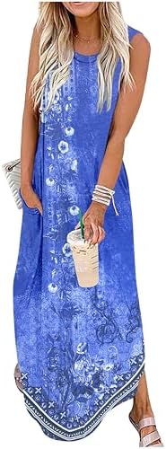 Summer Dresses for Women 2025 Beach Vacation Dress Boho Floral Sundresses Ladies Tropical Pockets Maxi Dress