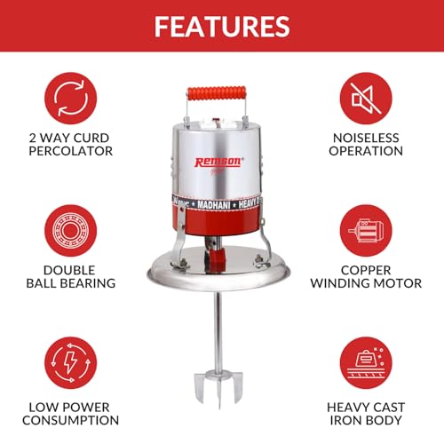 Image of Madhani Machine Electric | Madani 125 Watt | Electric Blender for Churning | Hand Blenders Double Ball-Bearing For Butter Milk, Lassi, Cream, Curd Valona Blender (Red & Silver)
