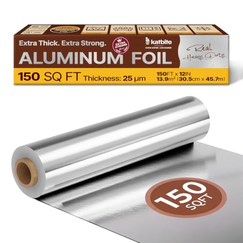 Katbite Aluminum Foil Roll 25 Micron Heavy Duty Thick Foil 30cm x 45.7m (150 sqft) Strong Tin Foil with Built-in Cutter Ideal for Home Cooking Kitchen Catering Baking Grilling & BBQ
