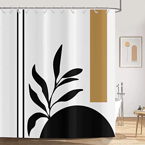 ASDCXZ Tenda da doccia nera e oro, 180 x 180 cm, moderna, astratta, stile boho, nero, foglie, linea a semicerchio, bianca, lavabile, in tessuto, impermeabile, per vasca da bagno con 12 ganci