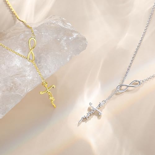 FANCIME White Gold Plated 925 Sterling Silver High Polished Infinity Cross Pendant Lariat Necklace Y Necklace Easter Gift for Women Girls, 18"4
