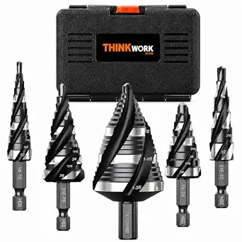 THINKWORK 5-Piece HSS Step Drill Bit Set, 4 Spiral Flute Unibit for Metal