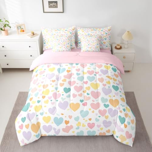 Image of Erosebridal Girls Heart Pattern 7 Piece Comforter Set Twin Rainbow Heart Bed in A Bag Kawaii Valentine Theme Bedding Sets for Kids Girls Cartoon Geometric Sheet Set with Comforter
