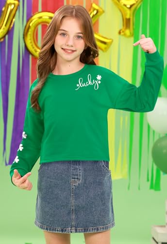 Image of Tween Girl St. Patrick's Irish Lucky Four Leaf Clover Crop Top Green White Long Sleeve Shirt 12 Years