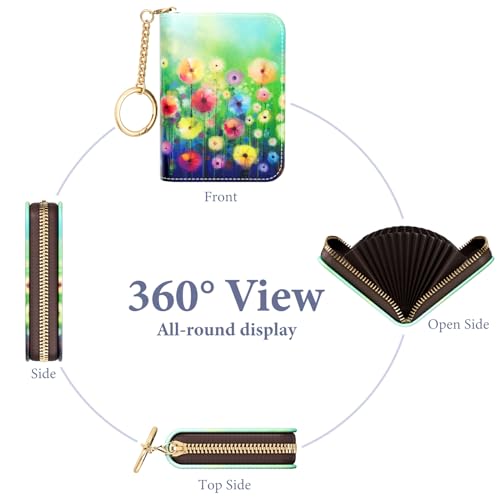 Image of Credit Card Holder RFID Wallet for Women, Small Leather Card Organizer Case with Zipper and Keychain, Hydrangea