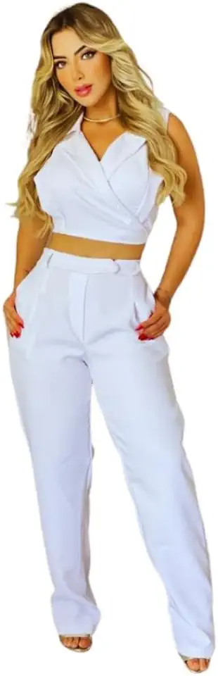 Conjunto Feminino com Blusa de Gola e Detalhe com Calça, Branco
