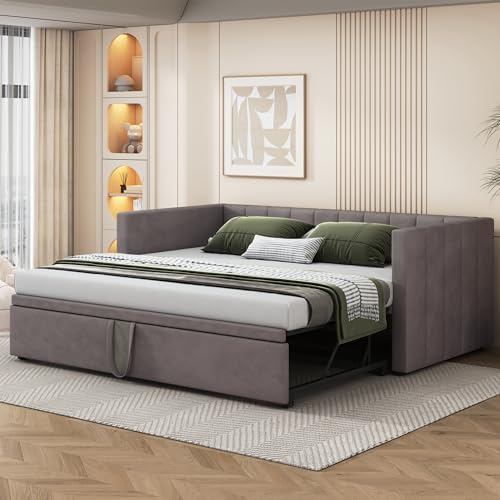 Sofá 2 en 1 de terciopelo gris extensible de 90 a 180x200 cm de alta gama 4