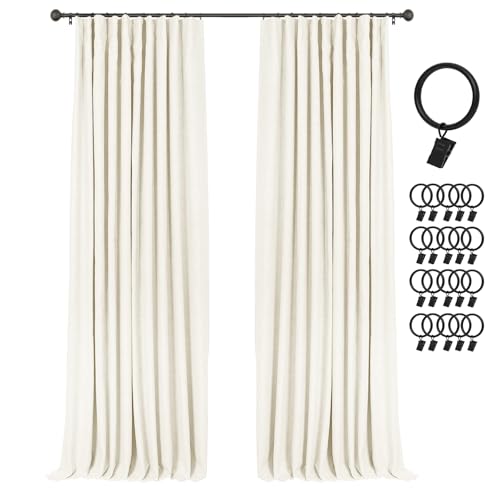 Image of INOVADAY 100% Blackout Curtains for Bedroom, Light Cream Black Out Curtains 96 Inch Long, Clip Rings Linen Blackout Drapes, Thermal Insulated Room Darkening for Living Room, 2 Panels - W50xL96