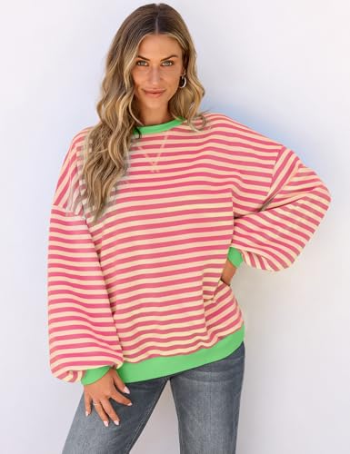 Image of UEU Women Oversized Striped Crewneck Sweatshirt Long Sleeve Color Block Pullover Tops Casual Loose Workout Shirt
