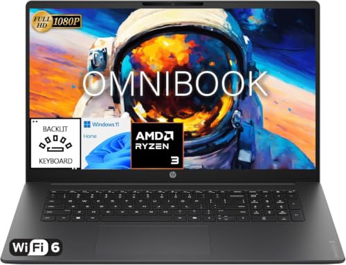Image of HP Omnibook 3 17 inch Laptop, AMD Ryzen 3 30 (Beats Ryzen 5 7520U), Backlit Keyboard, 17.3 inch FHD IPS LED Display, 8GB DDR5 RAM, 1TB SSD, Built-in 1080p Webcam, Lightweight Design, Windows 11 Home