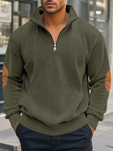 Men's Quarter Zipper Pullover Corduroy Crew Neck Sweatshirt Spring Autumn Casual Knit Long Sleeve Polo Shirt2