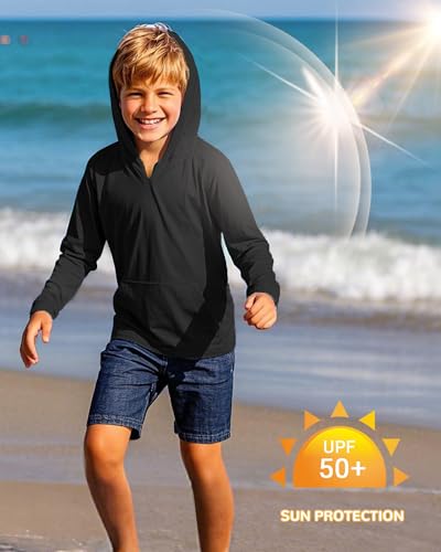 Image of Boys Rash Guard Long Sleeve Hoodie Swim Shirt with Pocket Youth Kids UPF 50+ Sun Protection Fishing Shirts Thumb Hole