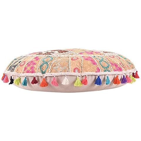ANJANIYA 32" Beautiful Bohemian Round Indian Patchwork Pouffe Indian Traditional Home Decorative Handmade Cotton Ottoman Patchwork Foot Stool Floor Cushion Embroidered Decorative Vintage (White) Cover