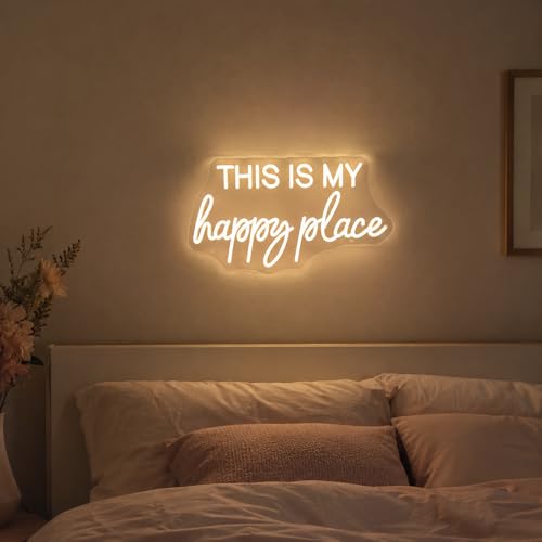 Image of This is My Happy Place Neon Sign Warm White LED Letter Neon Light for Wall Decor Bedroom Home Bar College Dorm Game Room Decor