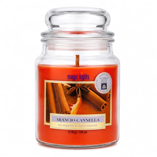 Magic Lights - Bougie Giara 510 gr Orange Cannelle avec cire végétale min. 75% - mèche en bois naturel qui éclate, Made in Italy