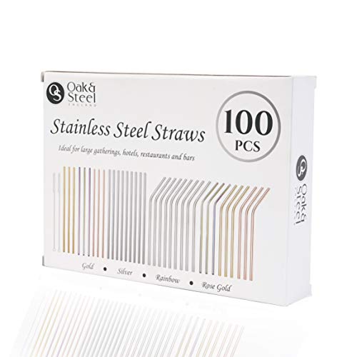 100 Pièces| 95 Pailles Réutilisables Colorées en Acier Inoxydable Métal (Courbé et Droites) & 5 Brosses de Nettoyage| Écologique & Lave-Vaisselle| Idéal pour Les Restaurants, Bars, Fêtes etc.